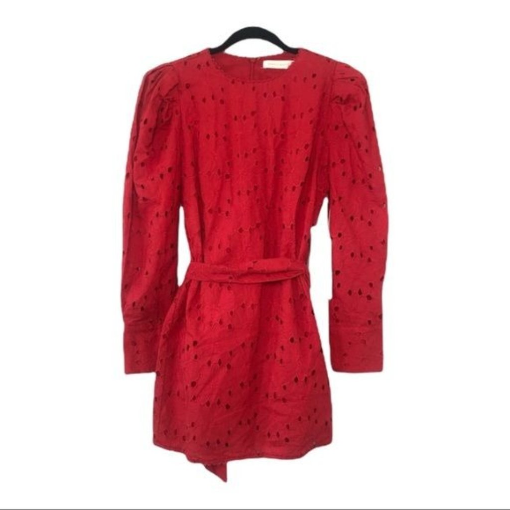 Red Long Sleeve Eyelet Mini Dress With Belt